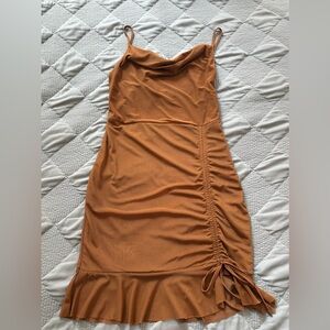 ASOS Brown Mesh Cowl Neck Ruched Mini Dress